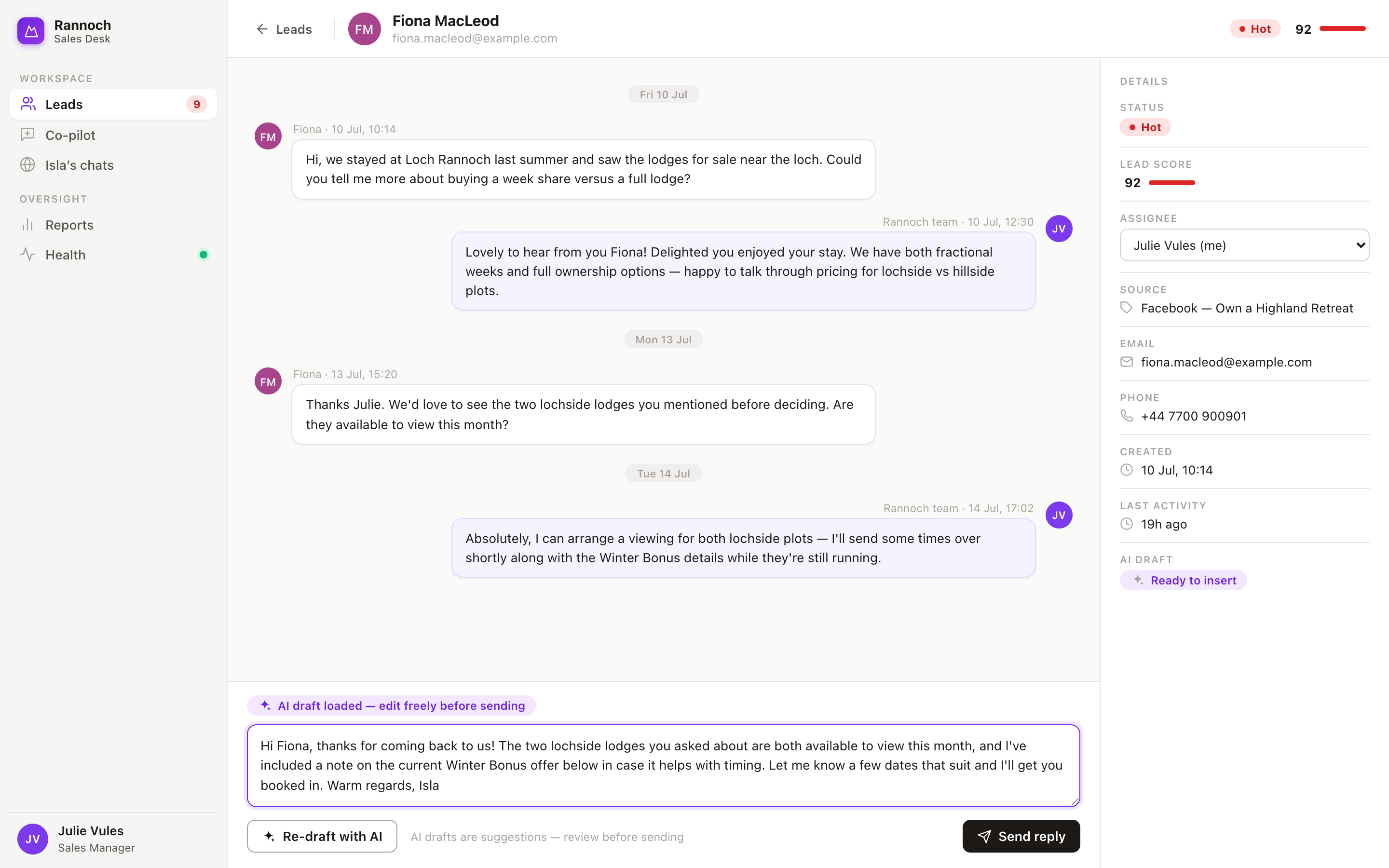 CRM workspace prototype — Fiona MacLeod's lead record with an AI draft loaded into the composer