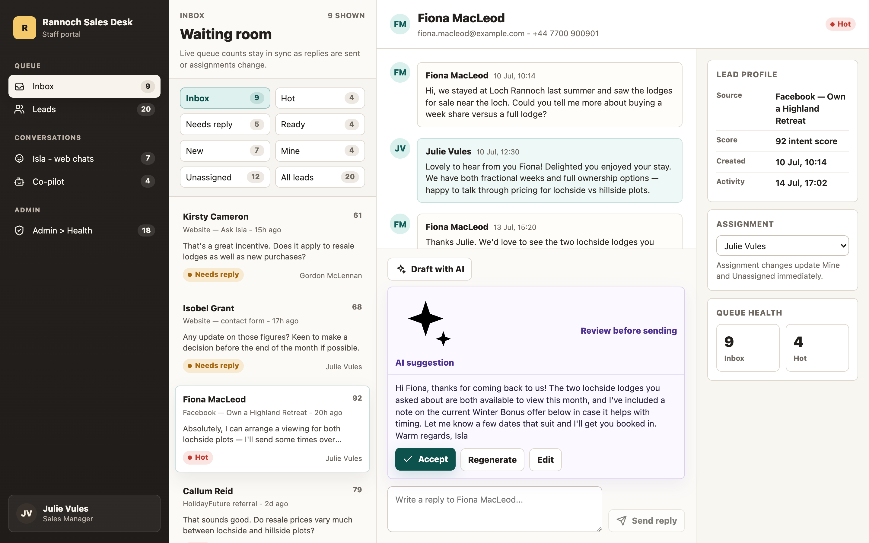 Sidebar app prototype — inline AI suggestion block with Accept, Regenerate and Edit above the reply box