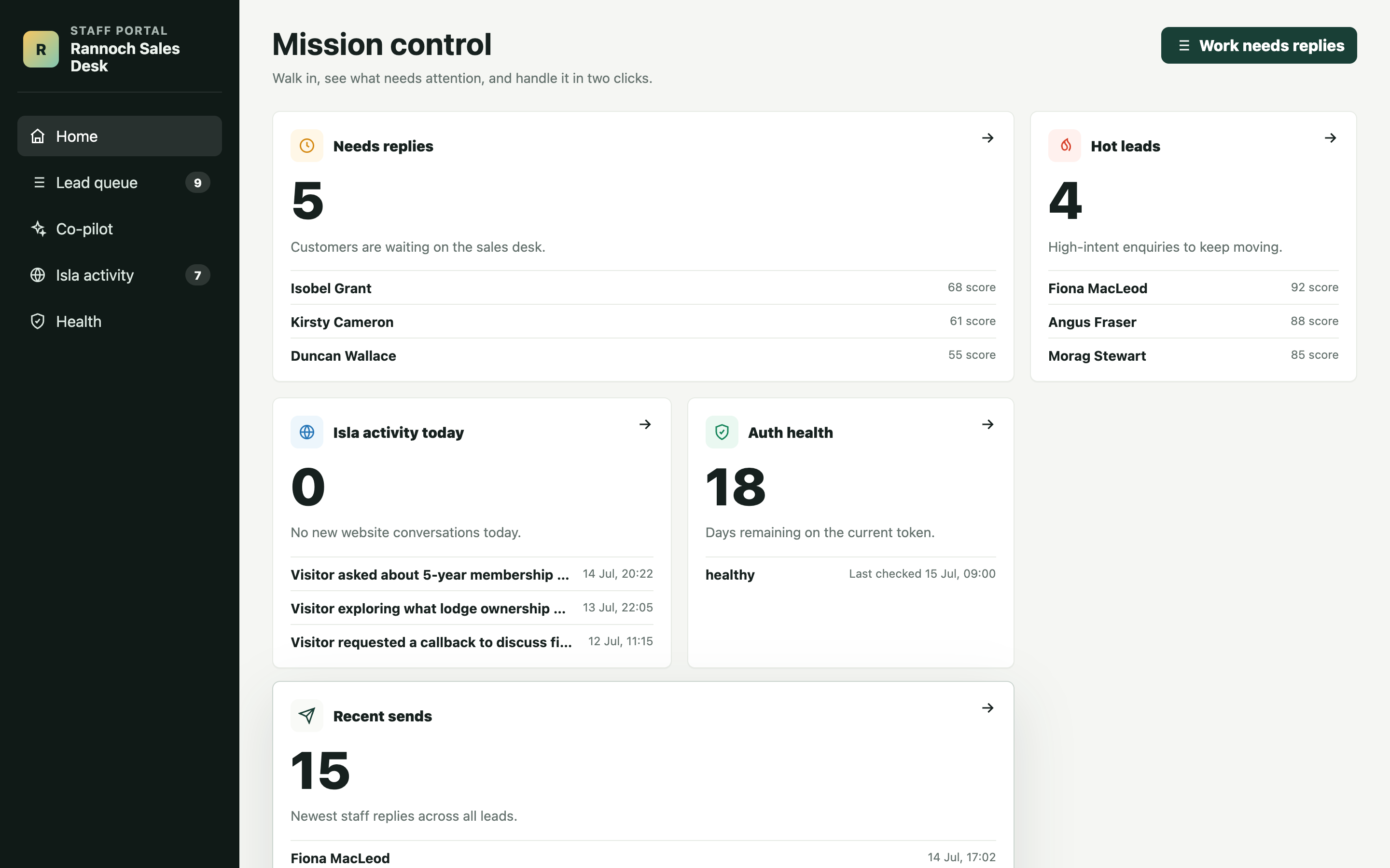 Mission control prototype — dashboard Home with cards for needs replies, hot leads, Isla activity, auth health and recent sends